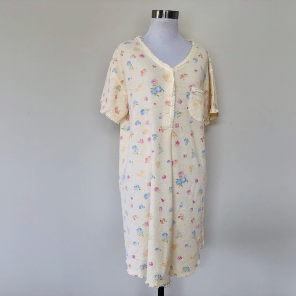 Night Shirt Yellow Floral Large Pullover Short Sleeves V Neck - Picture 3 of 7